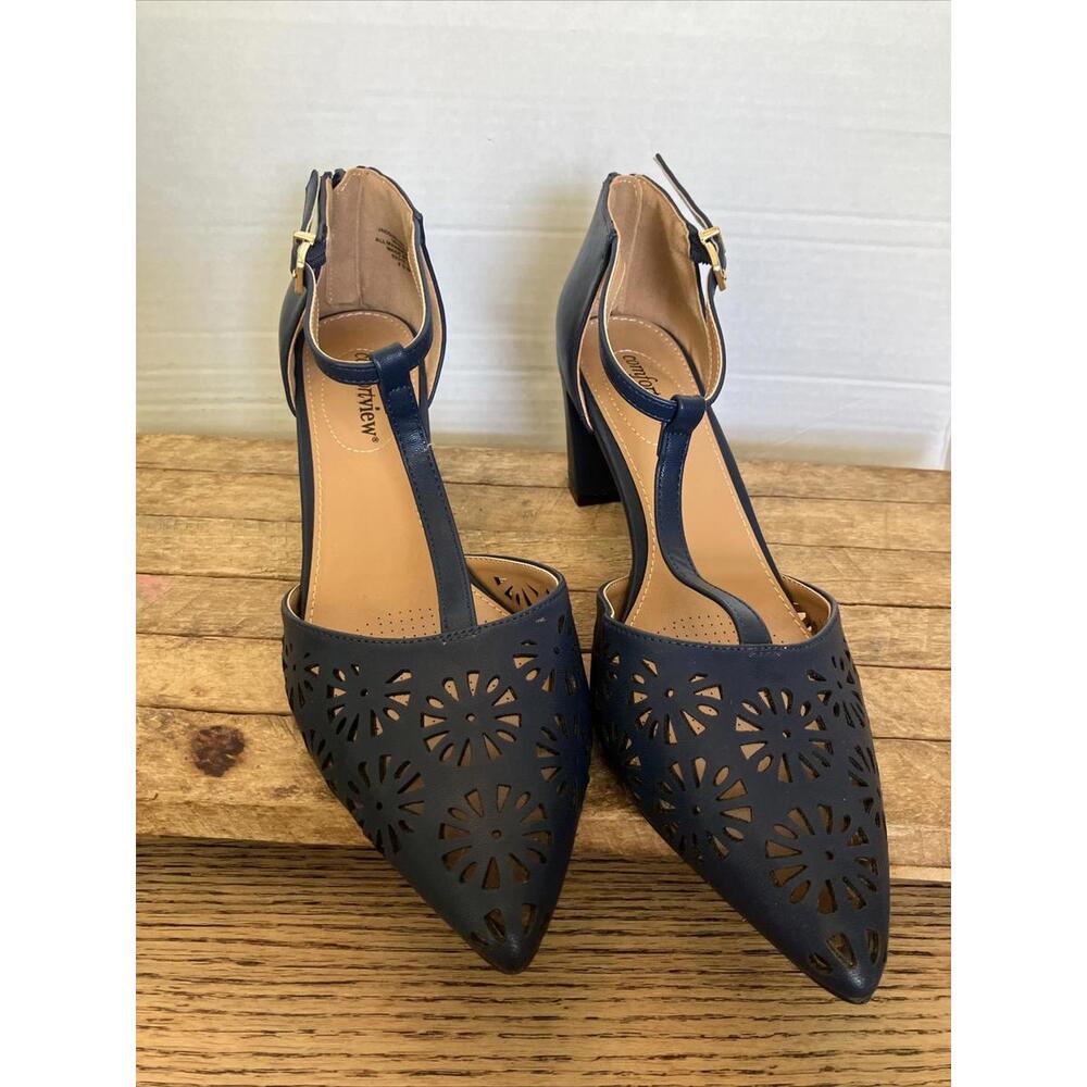 Comfortview Women's 9.5 W Wide Width Block Heel T-strap Buckle Zip Navy Blue EUC